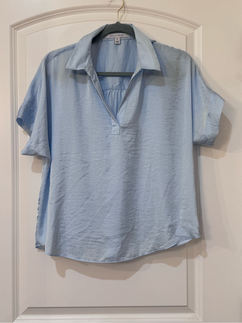 Soft Light Blue Collared Short-Sleeve Blouse by